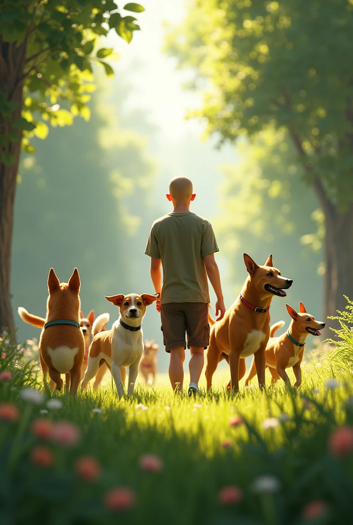 A young bald Dog trainer working with several dogs in a natural environment