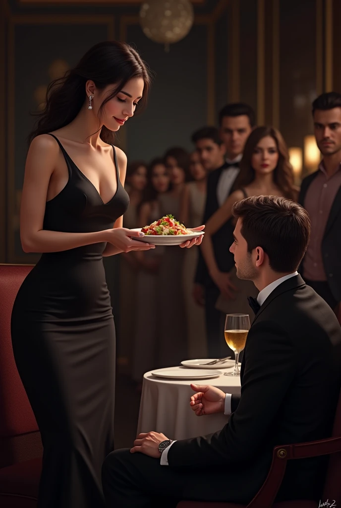 I want an image of a woman serving a man, and behind that man you see a line of people waiting