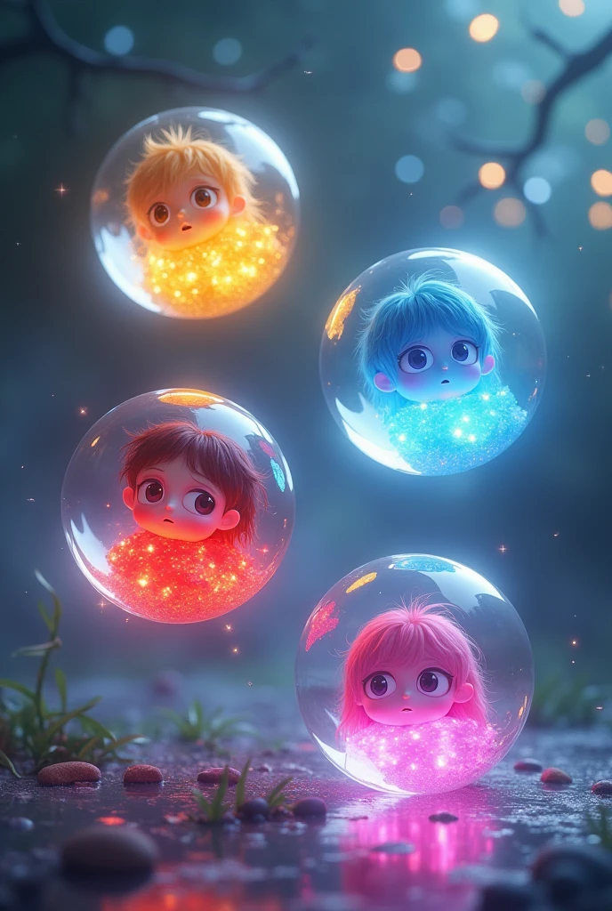 There are four crystal balls。Inside each ball「happiness」「angry」「pity」「easy」Contains the characters。「happiness」is yellow、「angry」is red、「pity」is light blue、「easy」Please make it a pink sphere。The ball is floating in the air。