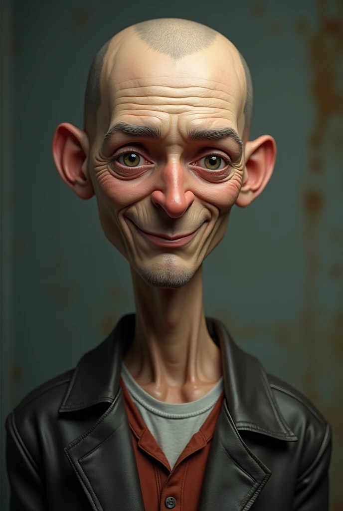 40 year old man, fake skinny, calvo, with a round face and short shoulders