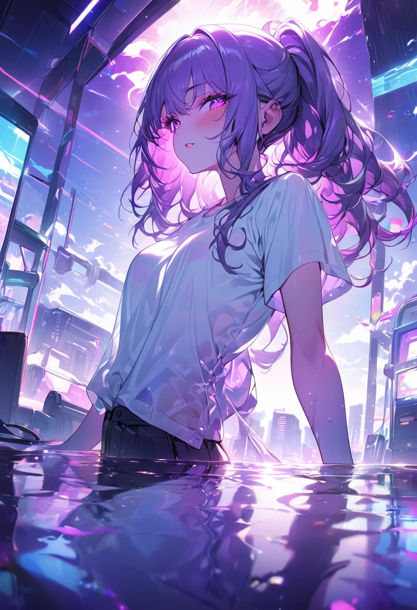 1 girl, Colorful themes, synthwave sky,(best quality, high quality, high resolution), Practical, Very detailed, Very detailed的面部特征, ridiculous,  Practical lighting and reflections, Very detailed的面部特征, See-through shirt, Best photos,high quality illustration
