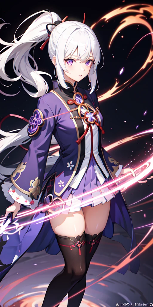 1girl, japanese clothes, ponytail ,white hair, purple eyes, magic circle, blue fire, blue flames, wallpaper, landscape, blood, blood splatter, depth of field, night, light particles, light rays, sidelighting, thighs, fate \(series\), genshin impact, ****, open jacket, skirt, thighhighs, cloud
