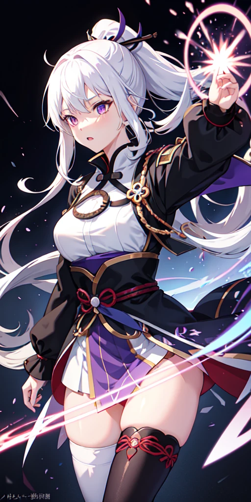1girl, japanese clothes, ponytail ,white hair, purple eyes, magic circle, blue fire, blue flames, wallpaper, landscape, blood, blood splatter, depth of field, night, light particles, light rays, sidelighting, thighs, fate \(series\), genshin impact, ****, open jacket, skirt, thighhighs, cloud