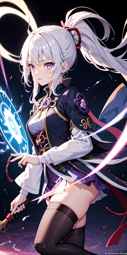 1girl, japanese clothes, ponytail ,white hair, purple eyes, magic circle, blue fire, blue flames, wallpaper, landscape, blood, blood splatter, depth of field, night, light particles, light rays, sidelighting, thighs, fate \(series\), genshin impact, ****, open jacket, skirt, thighhighs, cloud