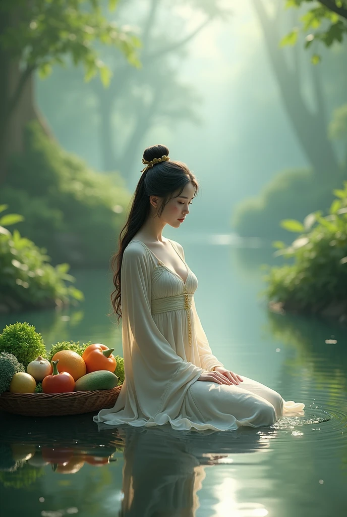 there is a woman kneeling down in the water with a basket of vegetables, beautiful digital artwork, asian woman, asian female water elemental, realistic fantasy render, thailand art, 3 d render character art 8 k, 3 d cg, 3d cg, trending on cgstation, deviantart artstation cgscosiety, tithi luadthong, chinese woman