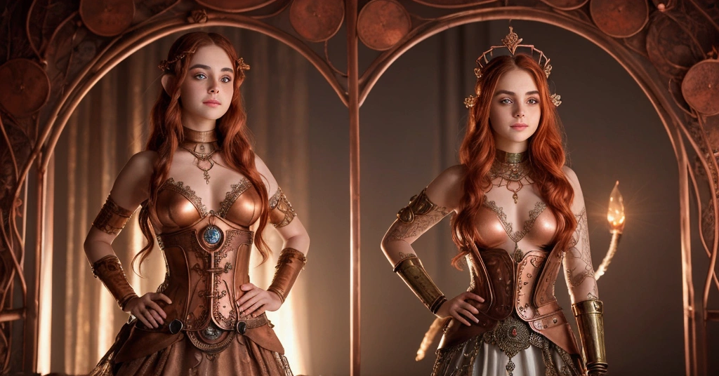 Steampunk Inspired Elven Princess. Copper Wire Necklaces & Bangles. Crown Of Fine Copper Wire. Copper Coloured Tatoos Cover Her Face And Body Intricate & Beautiful Designs. Hands On Hips. Ember Colored Eyes. Pure White Dress, Hemmed With Copper, Covered In Copper Lace & Filligree. Cppper Designs Cover The Skirt In A Kaleidoscope Of Copper Designs. Background Is Forrest. A Blend Of Ariel Winter & Alison Brie, Symmetrical Face Exudes Elegance &Grace. Cozy, Romantic Lighting. Cheerful Smile. Copper Hair That Shimmers And Sparkles In The Light. Hourglass Figure.