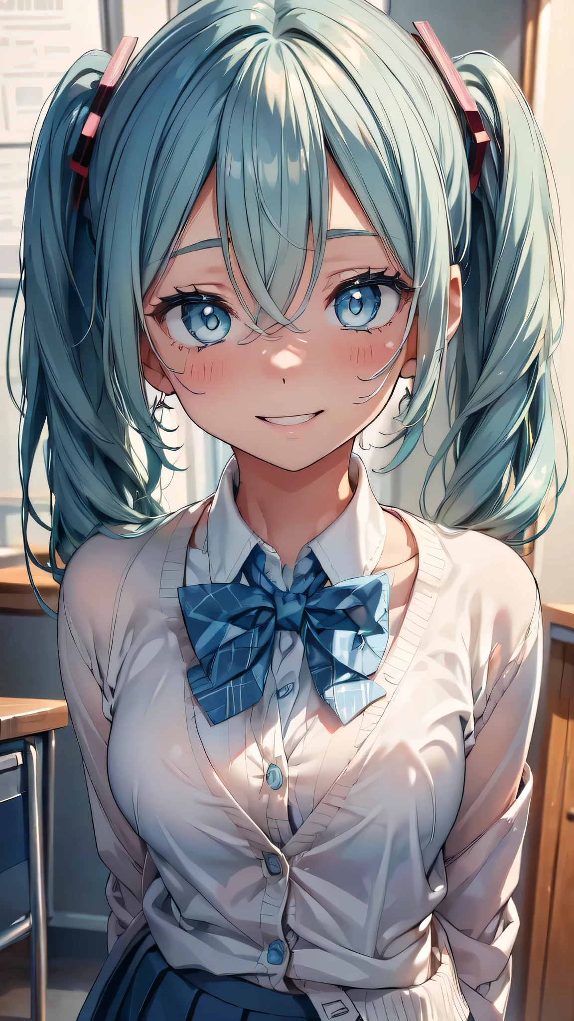 (Close-up image of upper body:1.8), ((masterpiece, sidelighting, finely detailed beautiful eyes: 1.2)), ultra-detailed, ultra high res, professional lighting, high quality makeup, beautiful detailed eyes, sexy, beautiful, big eyes, drooping eye, small breasts, blush cheek, blush body, moist eyes, Hatsune Miku, green hair, absurdly long hair, wavy hair, ahoge, twintails, (school uniforms, light blue cardigan:1.6), Extremely cute, (extremely detailed beautiful face), Authentic skin texture, beautiful hair, beautiful face, beautiful eyes, beautiful body, beautiful hands, (happy smile), (sexual aroused), open mouth, sweat, (happy smile face focus, sexual aroused face focus:1.6)