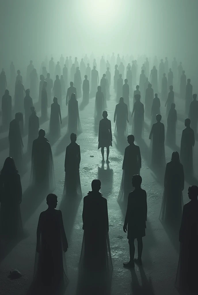 PLEASE GENERATE MANY SHADOW PEOPLE ASSAMBLE IN A PLACE MAKE IT GREY AND BLACK IN COLOUR . PLEASE MAKE IT A VIEW FROM ABOVE