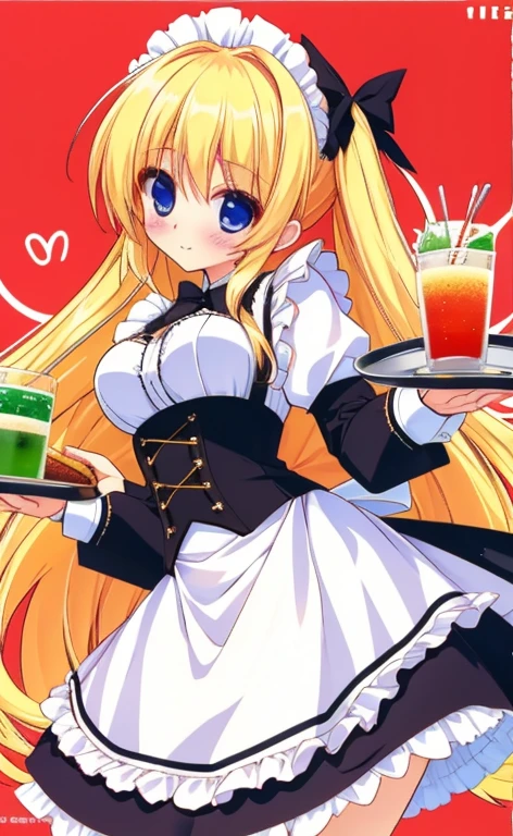Beautiful long blonde　Embarrassing　Girl in black maid outfit　Long sleeve　Long skirt　Small breasts　living　whole body　With a tray in hand