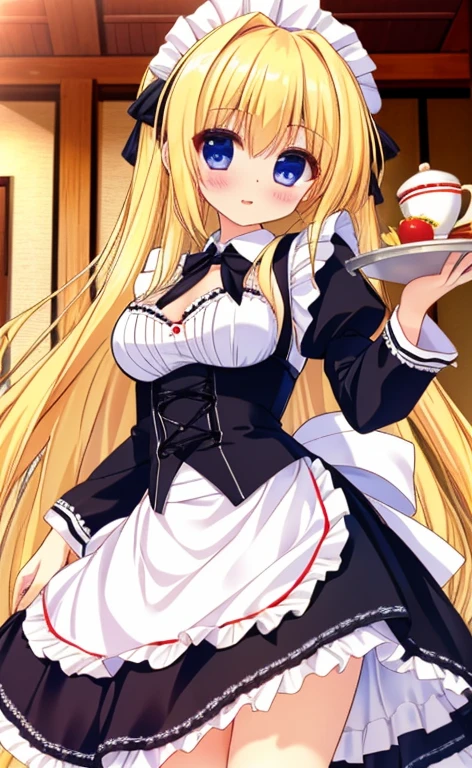 Beautiful long blonde Embarrassing Girl in black maid outfit Long sleeve Long skirt Small breasts living full body With a tray in hand