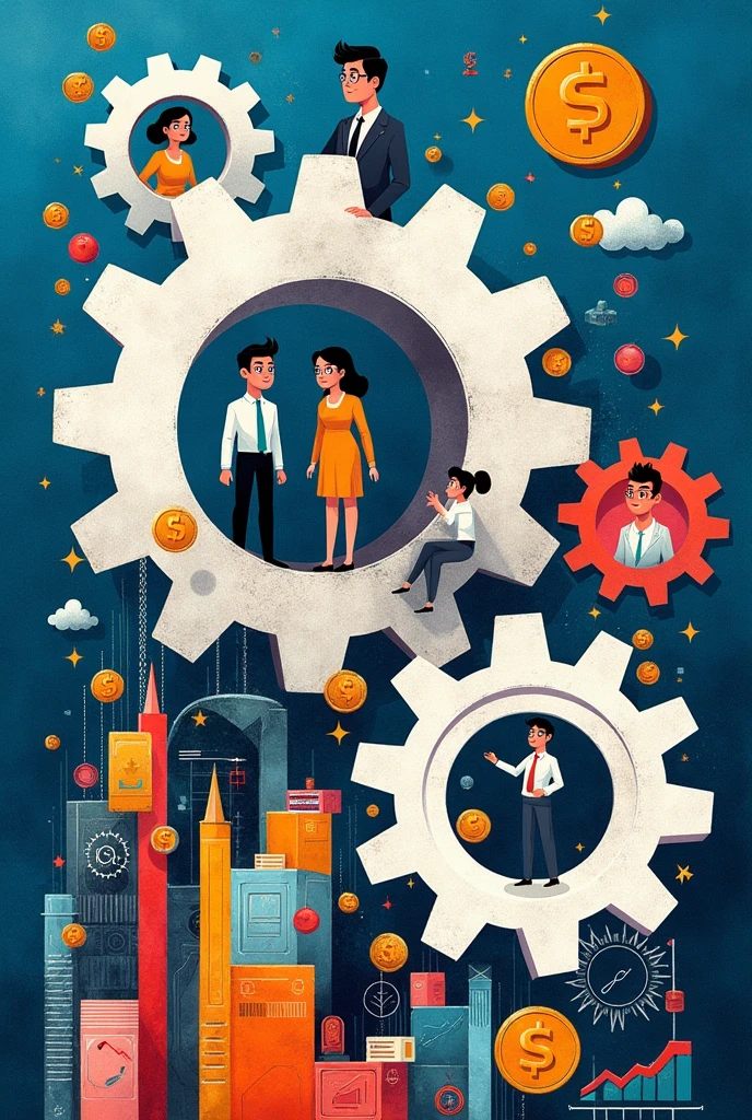 Create a three-dimensional gear Circles and squares, currencies, coins, banknotes, graphs and many images of businessmen and businesswomen. Using watercolor and mixed media, bright colors are used. The light source is in the upper right corner. There are large white gears. The background is blue. --ar 2:3