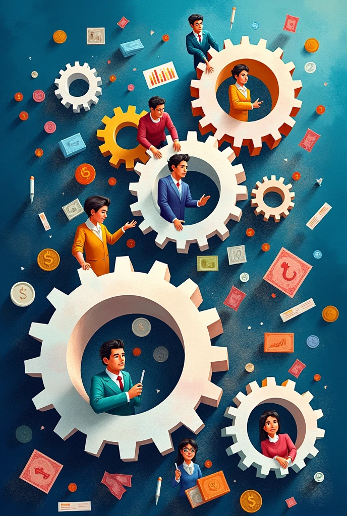 Create a three-dimensional gear Circles and squares, currencies, coins, banknotes, graphs and many images of businessmen and businesswomen. Using watercolor and mixed media, bright colors are used. The light source is in the upper right corner. There are large white gears. The background is blue. --ar 2:3