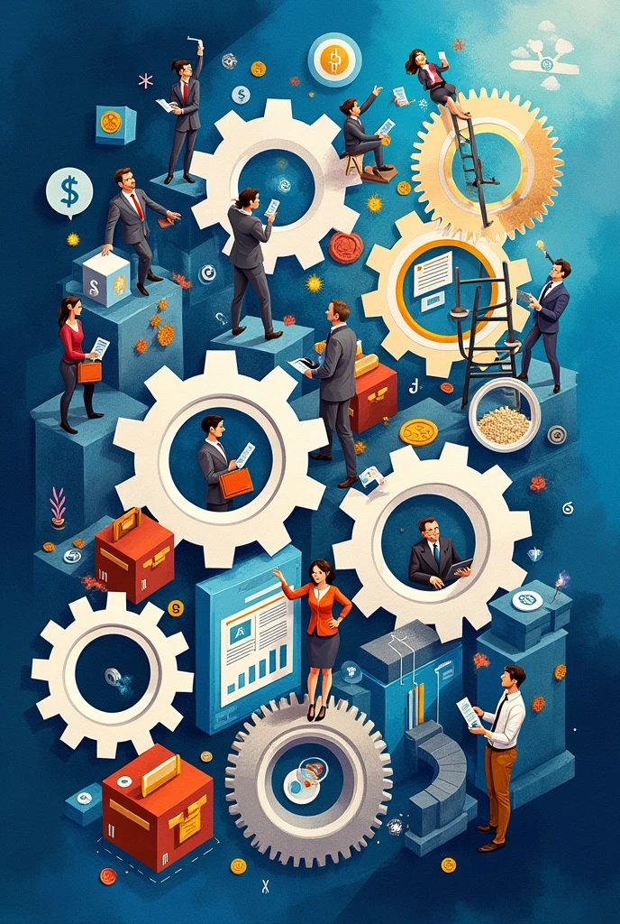 Create a three-dimensional gear Circles and squares, currencies, coins, banknotes, graphs and many images of businessmen and businesswomen. Using watercolor and mixed media, bright colors are used. The light source is in the upper right corner. There are large white gears. The background is blue. --ar 2:3