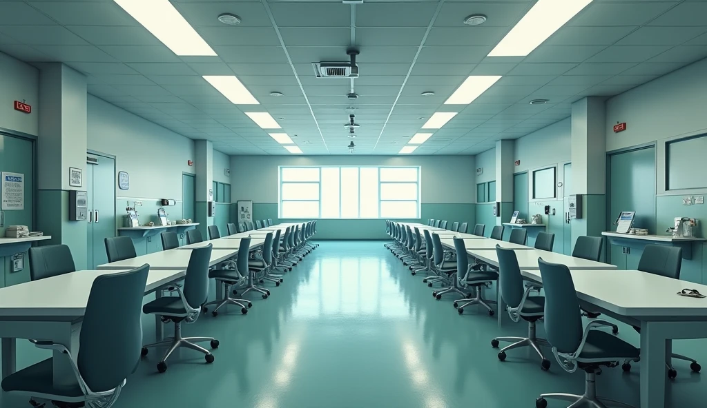 Many empty tables and chairs, no one sitting in front of a large nurse's room in a hospital.