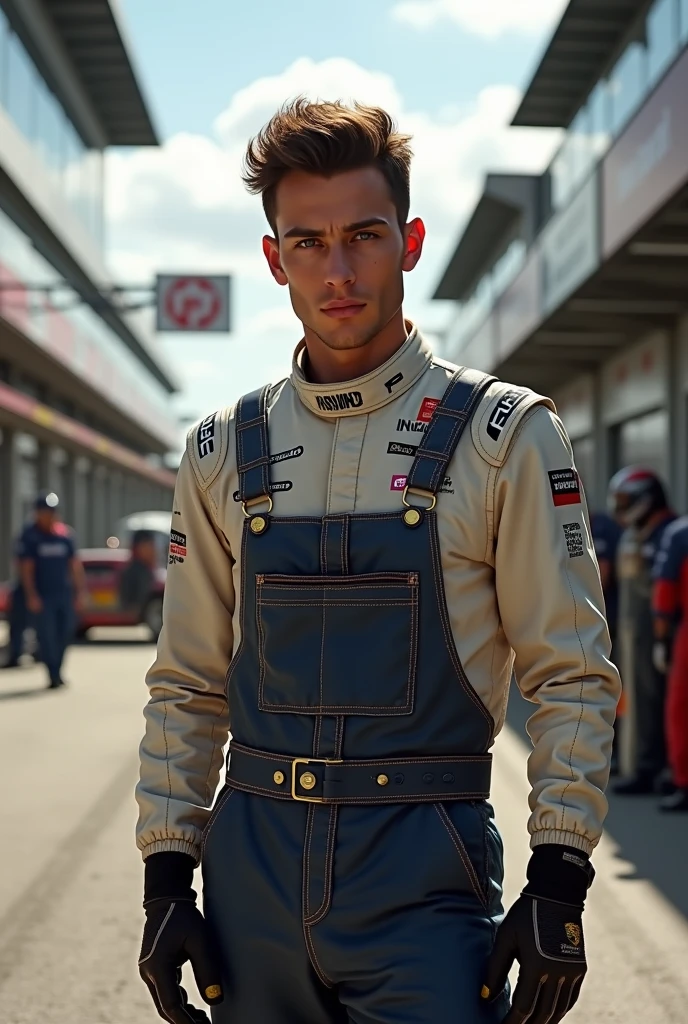 (Photorealism:1.2), Porsche Cup driver with brown hair and eyes dressed in overalls in front of the ultra-realistic 8k pitlane