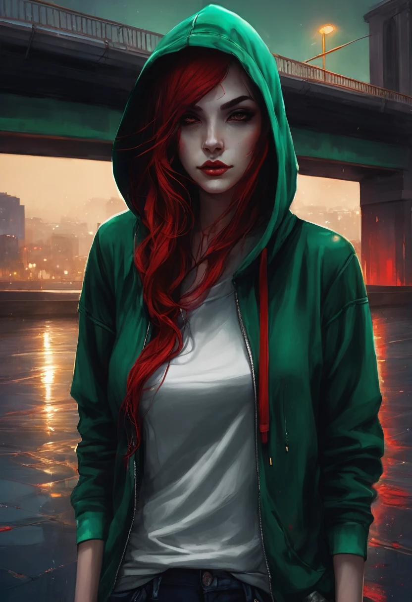 (good quality), (many details), (masterpiece), style of Charlie Bowater, crazy street artist, hoddie in green, hood up, spray can in hand, under a bridge at night, jeans, red tangled hair, broken clothes, Vampire