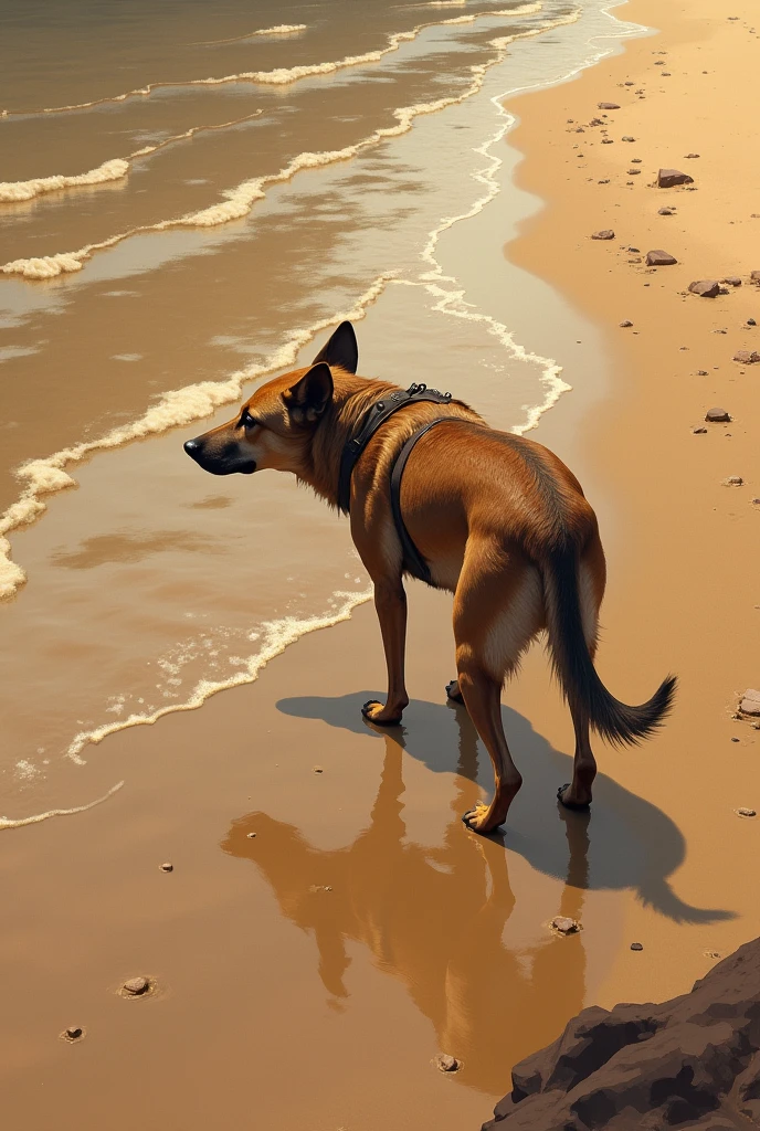 An Indian stray dog sniffs the muddy river waves on the sandy river