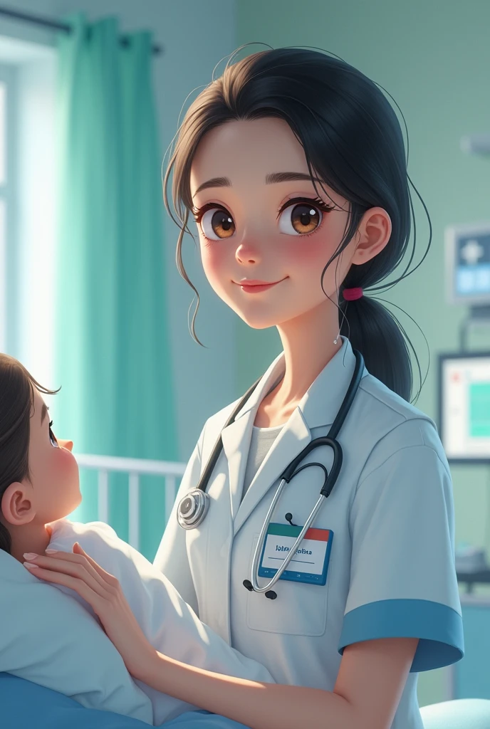 A girl who is a nurse and in her tag their named lojina Subba