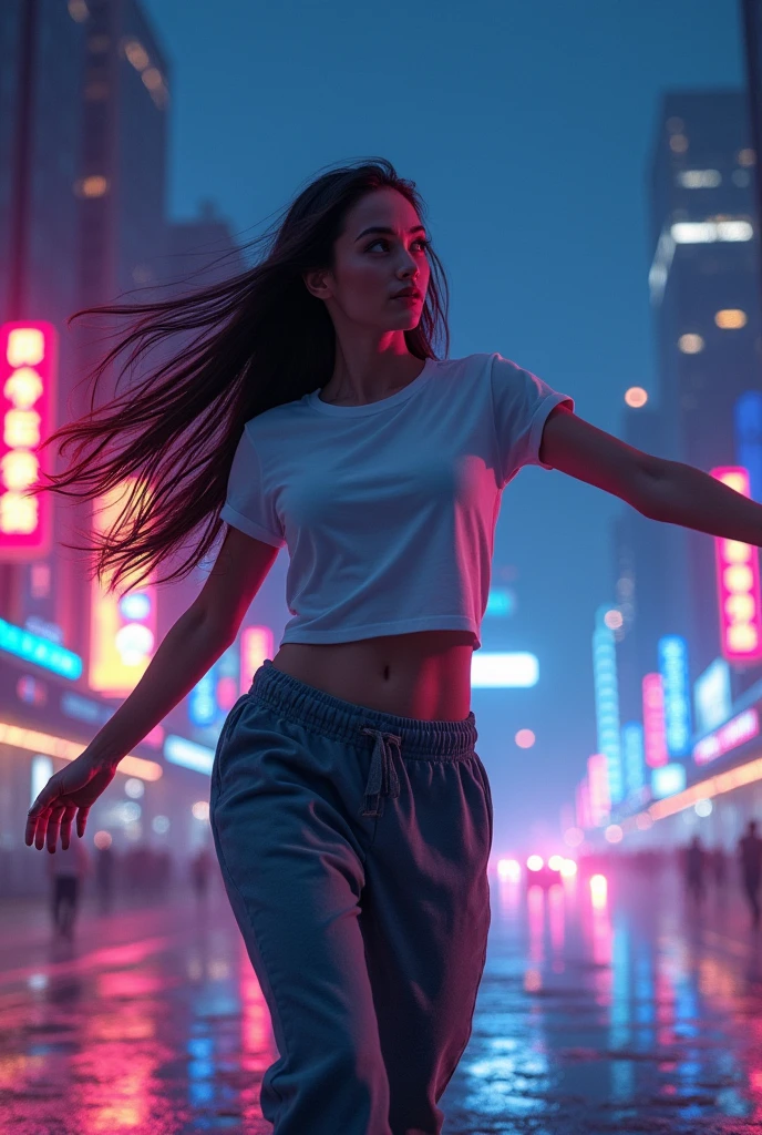 A woman wearing a t-shirt and sweatpants, Long Hair, Dancing, City of night, Beautiful night view as background, Beautiful lighting, Vibrant