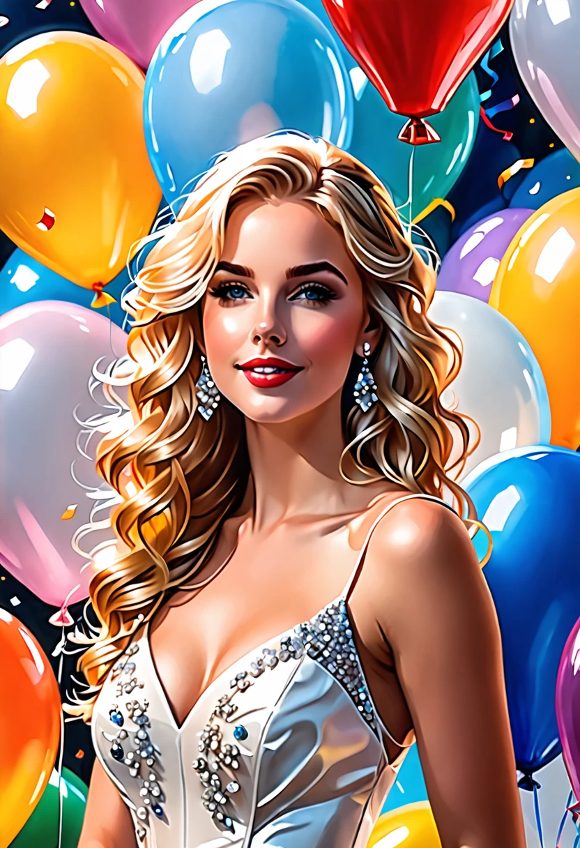 Birthday, portrait, close-up, blond girl, blond hair, long curly hair, impeccable beauty, Impeccable anatomy, celebration, joy, happiness, solemn atmosphere, balloons, beautiful sheath evening dress, White dress,  art in the style of Stanley Lau, art in the style Greg Rudkovsky, gorgeous digital painting, --stylize 400, --style scenic,