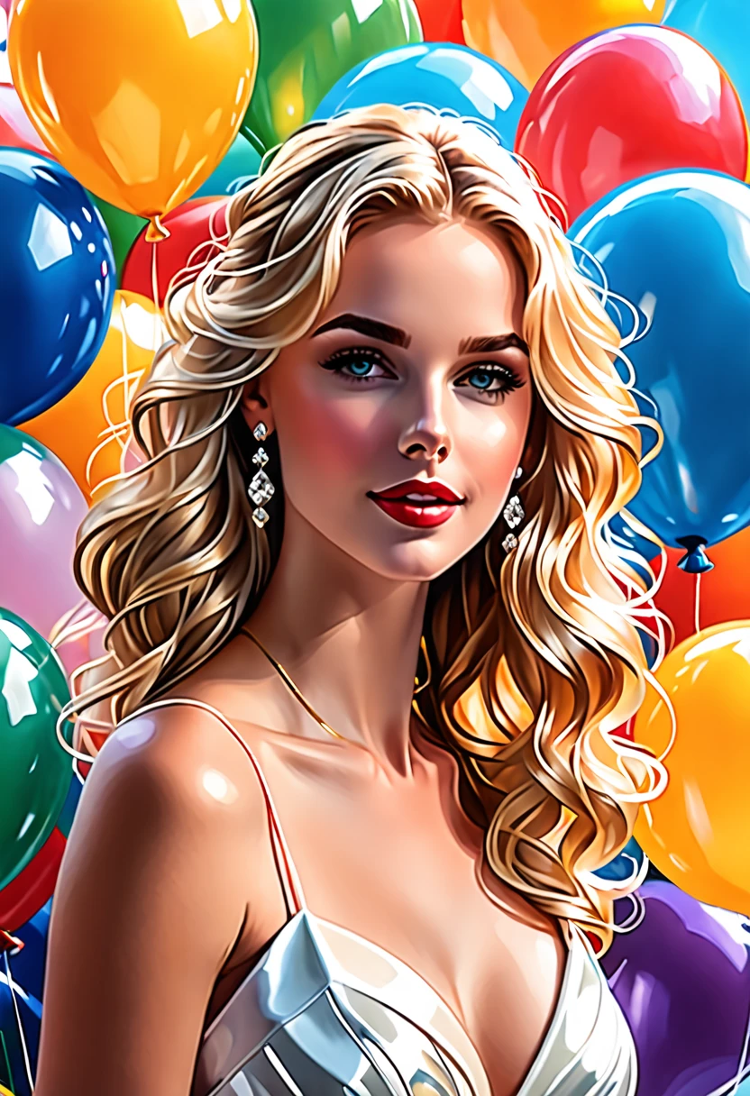 Birthday, portrait, close-up, blond girl, blond hair, long curly hair, impeccable beauty, Impeccable anatomy, celebration, joy, happiness, solemn atmosphere, balloons, beautiful sheath evening dress, White dress,  art in the style of Stanley Lau, art in the style Greg Rudkovsky, gorgeous digital painting, --stylize 400, --style scenic,