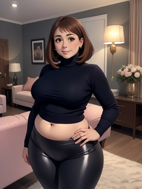 high quality, best quality, beautiful, perfect lighting, detailed face, mature face, ((1girl)), ((solo)), Imagine Ochaco Uraraka as an milf, 45yo, short brown hair, brown eyes, ((blush)), smile, looking at viewer, (Wearing: blue turtleneck sweater and shiny black leggings),((medium breasts), wide hips, thick thighs, plump figure, love handles, muffin-top, round belly, protruding gut, living room, hands on hips,
