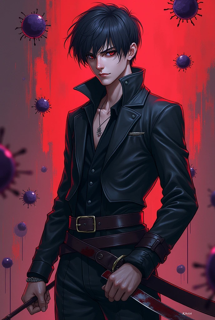 Generate an image in the style of RPG cards: It must have a character in the middle doing some pose, the character will be a man and not muscled, more anime. Try to put clothes on him, looking like a warrior or assassin. this character needs to be white and it must have an KNIFE with him, if you can make him dirty with blood. If you can, design an human that looks like an natural killer cell The background of the you can create but must be red or purple related to immunology or hematology, if you can do died cells in the background
.