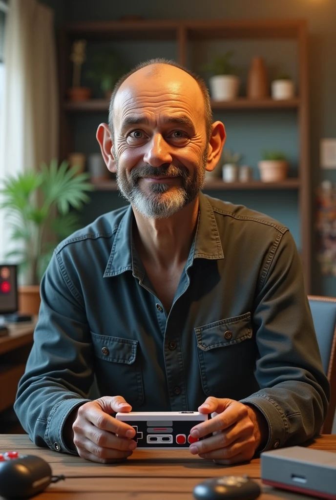 40 year old man, fake skinny, calvo, with a round face and short shoulders, and likes Nintendo
