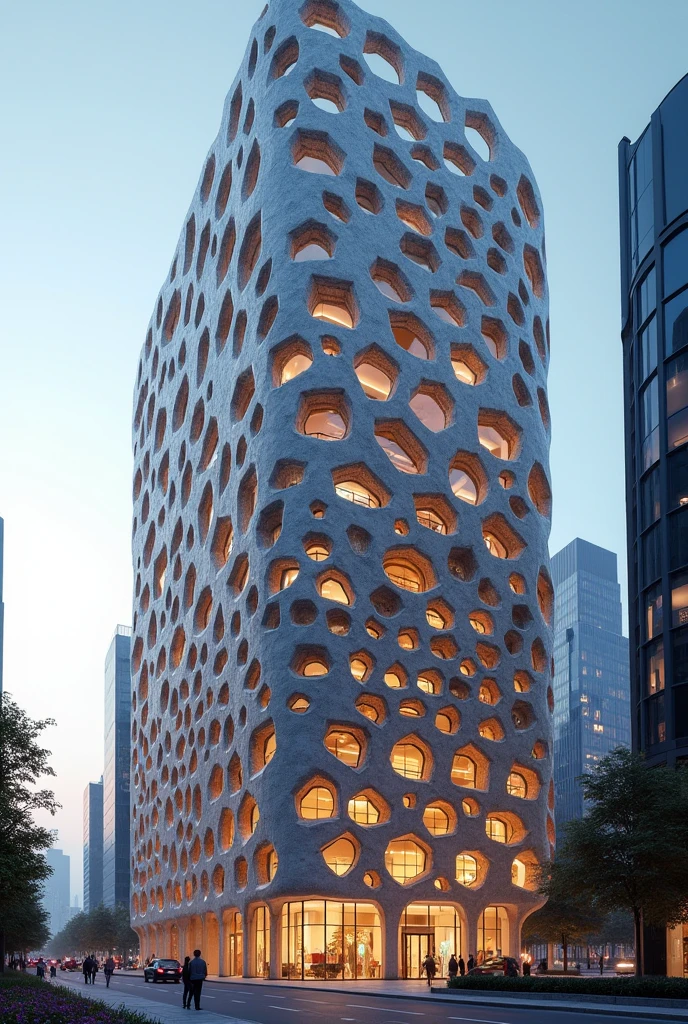A realistic building with a honeycomb structure and design 
