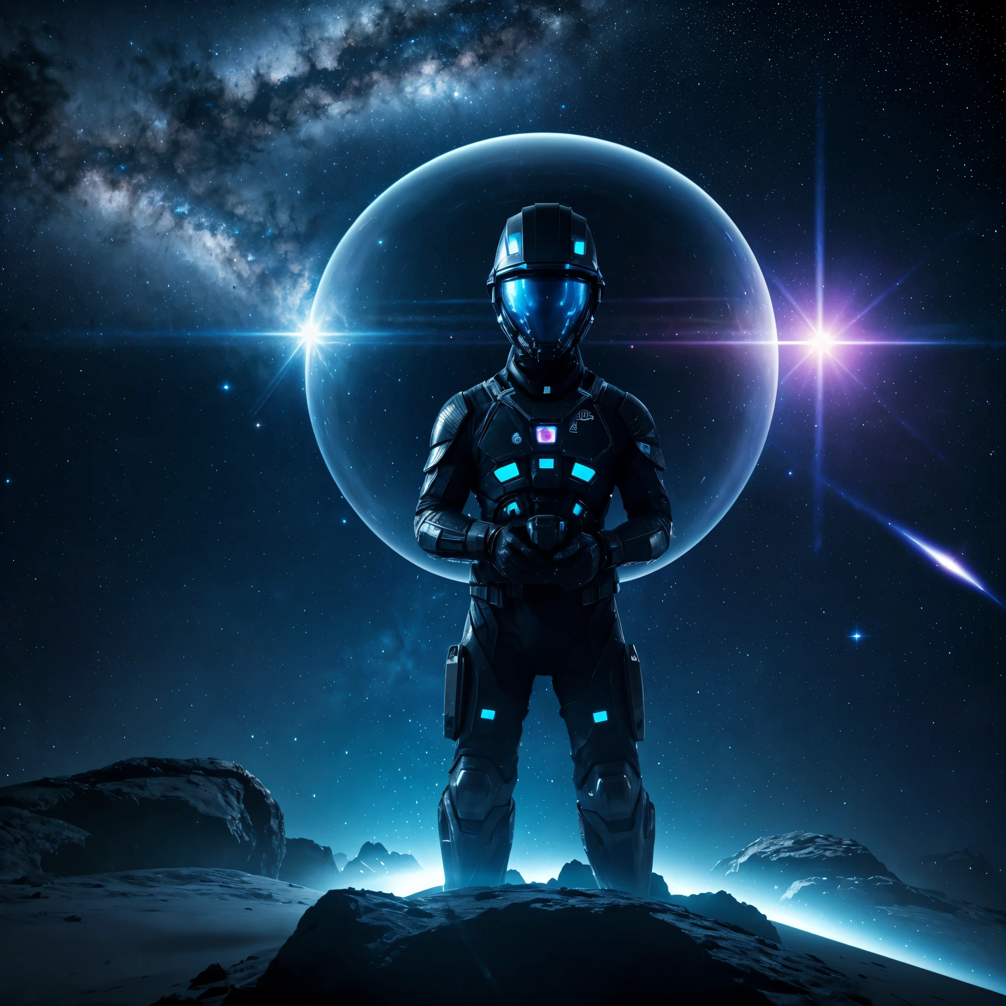A humanoid wearing a weird alien a high-tech liquid ice white war armor with organic equipment on the armor. Wearing an alien helmet from transparent glass and you can see galaxies and nebulas inside the transparent helmet. The humanoid stands on the surface of an asteroid and you can see the total black deep space full of millions of stars, distant planets and nebulas. Floating geometrical 3D shapes levitating above asteroid ground in close proximity from the ground. Realistic, hyperrealism, high resolution, extreme quality, volumetric lighting, extreme details, sharp details, 4k hdr