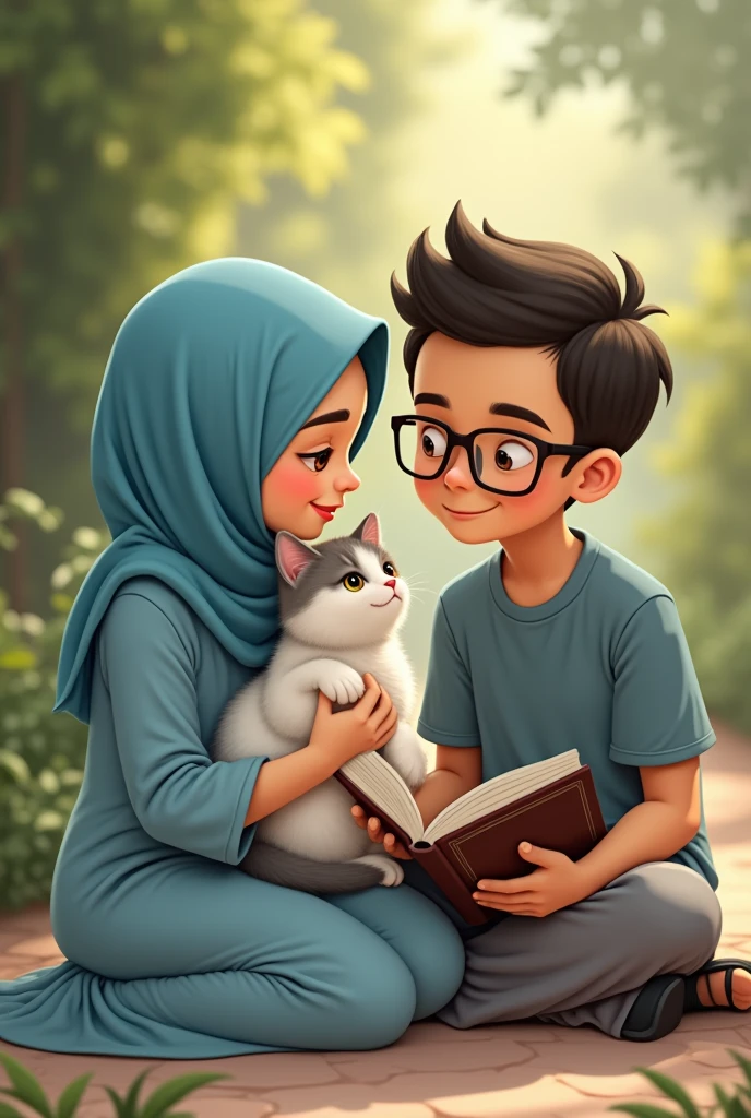 Une fille avec hidjab bleu ciel aux yeurt vert miel prends un chaton blanc et gris et ragarde son amoureux.
Son amoureux a une tête rectangle, cheveux rasés et porte des lunettes carrées avec des sandales es, un pantalon large gris et une chemise demi manche et il lit un livre sur l'électronique
