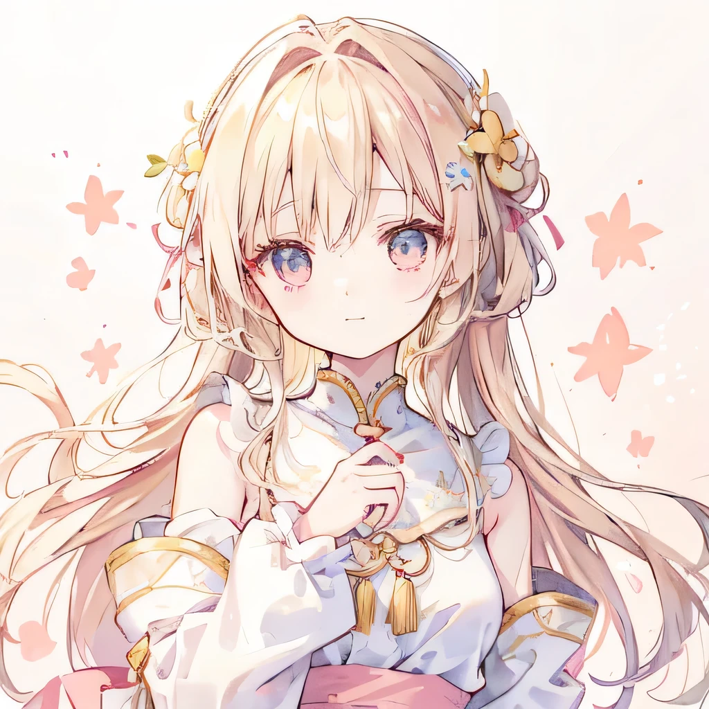 Blessed God｜Guide to Happiness」Design an icon for。The character is a woman in her 30s.、A gentle smile and calm eyes。Hair is semi-long、Her hair color is blonde.。It has a natural wave.、Gives an elegant and calm impression。She is wearing a simple white outfit、She has a small four-leaf clover accessory on her shoulder.。The background is a pale pink and gold gradient.、A design that lets the light in gently。The background is dotted with small heart and star motifs.、Symbolizes happiness。Around her、There is a soft, shining aura of light.、Creates an overall bright and positive atmosphere。The character&#39;s hands are lightly clasped in front of the chest.、Make a gesture of genuine support。Create a design that gives your audience a sense of familiarity and comfort。