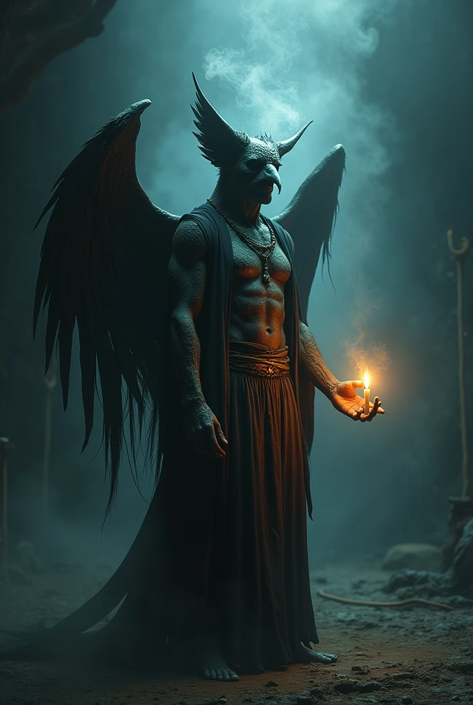 The shaman has three arms and a wing from behind his shoulder, his breath lights a candle