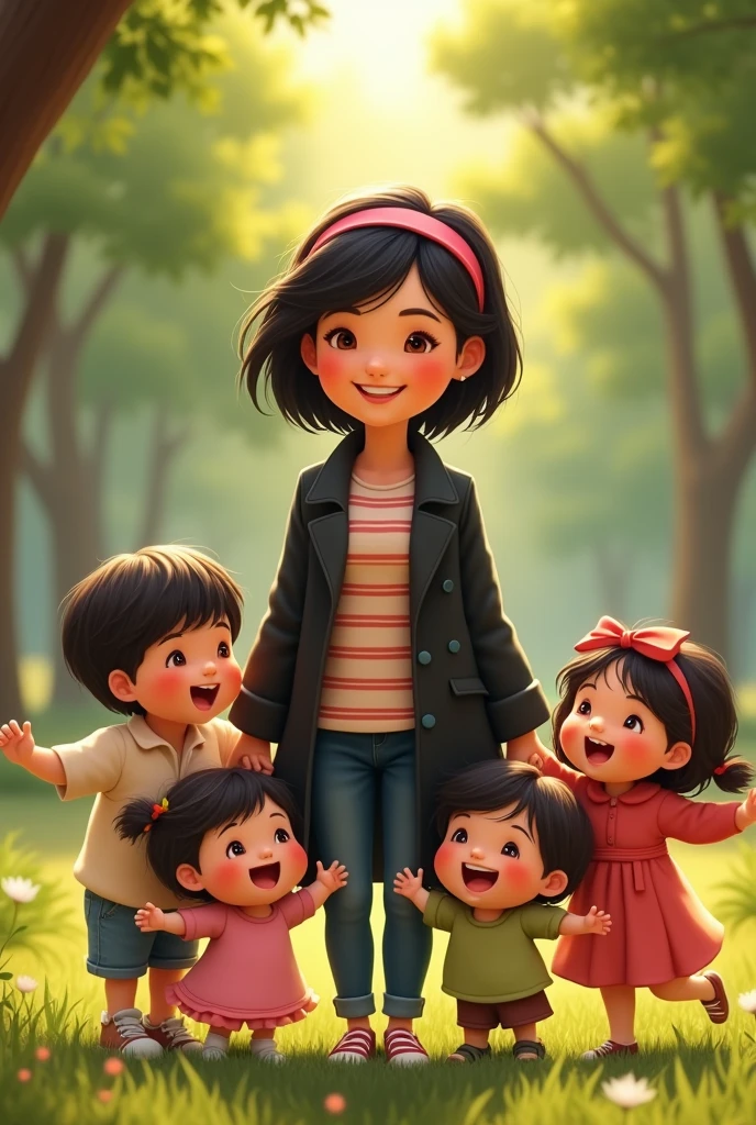 A woman with short black hair and a pink headband smiling with happiness, she is wearing a black coat, striped blouse and with her 4 children in a park playing happily , disney pixar style.