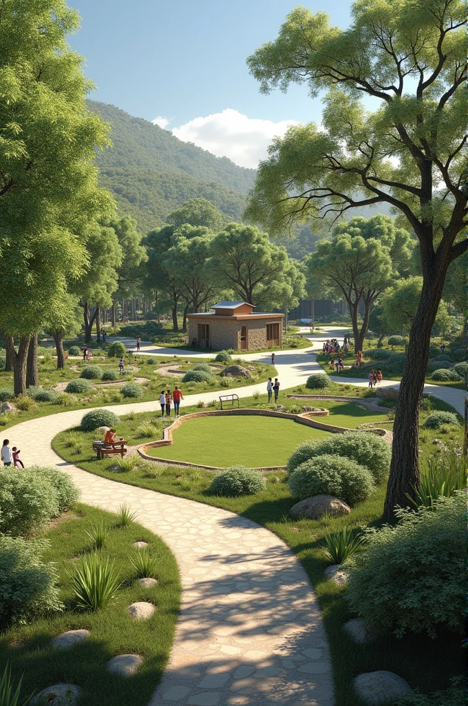 Can you help me with the design of an urban park for the commune of Puerto Saavedra?, Araucaria region, This must be inspired by the Mapuche culture, lafkenche, in the islands that Puerto Saavedra has and in its flora and fauna. 
Must have :
- sales stand in the shape of a kultrun - food track area - 2 fairy courts - children&#39;s play area (teeth levels)
- exercise play area - inclusive play area(people with reduced mobility)
-area with static games (as a chess table)
- area where the history of Pto Saavedra is told - clean recycling points - food track area - green areas - bathrooms As you are an expert in urban park designs, you can help me with a design with these characteristics with parking and that is a view from above
