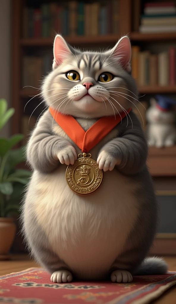  Fat cat wears a special medal to celebrate his kitten&#39;s first place in a school competition.