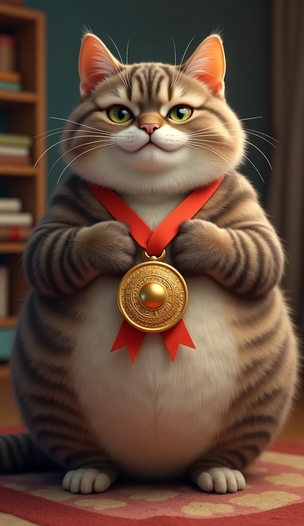 Fat cat wears a special medal to celebrate his kitten's first place in a school competition.