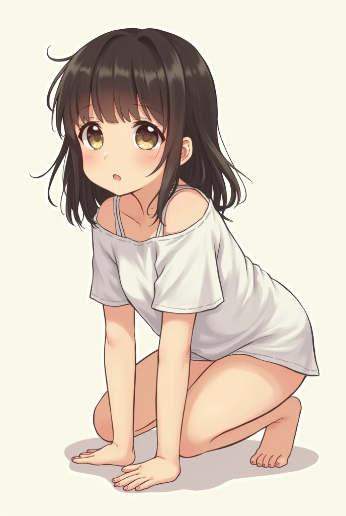 Young girl, little , cute little teenntai, in possession leaning forward, breasts small, tiny breasts, Flat Breast, loose clothes, loose blouse, loose clothing, fluid clothing, wavy clothes, clothes showing the breasts clothes open at the neck, discount loose, loose neck opening, all fours, quadruped position,