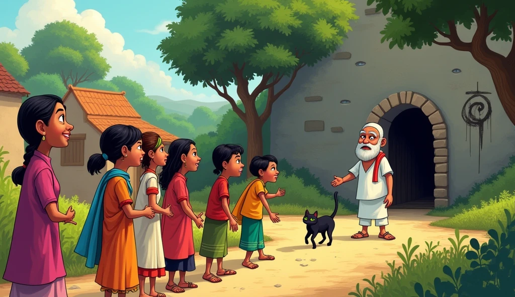 Create an cartoon image of a village sarpanch and village people there were panchayat meeting going on in village now they all are walking and follow black cat and that black cat going toward cave which is secret and very old now cat sign towards an old mark made on the wall of cave