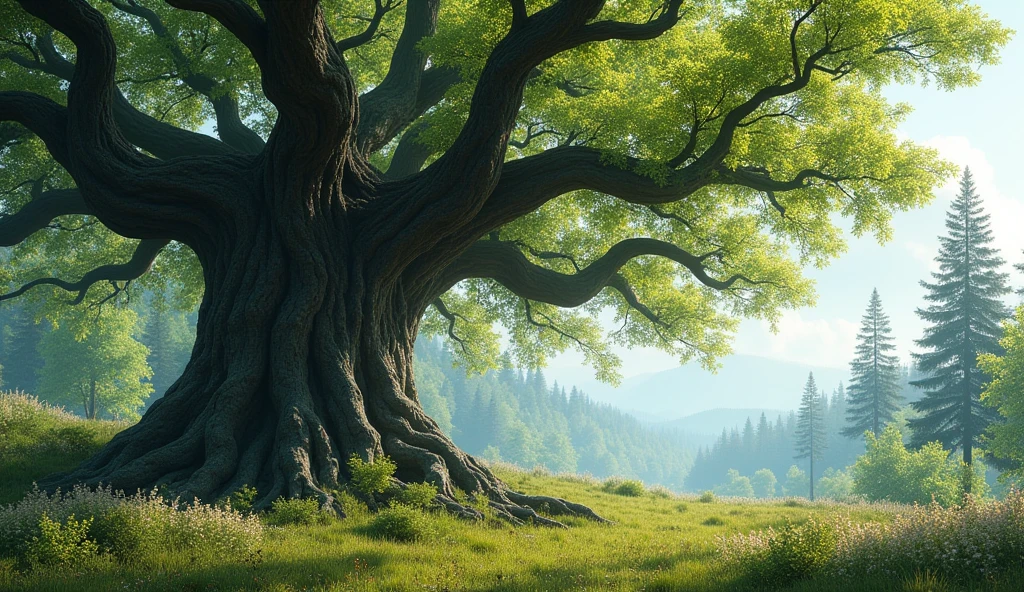 At the edge of the road stands a huge oak tree with broken branches and bark covered with old sores. The oak tree is two girths wide, with clumsy, gnarled arms and fingers, it looks angry and ugly. It stands among the smiling birches that make up the forest. Spring, sun, flowers and grass surround the oak tree, but it remains gloomy, motionless and ugly. Dead firs are visible in the distance., wide shot, from side, atmospheric perspective, perspective, 8k, 4K, highres, best quality, award winning, super detail, masterpiece