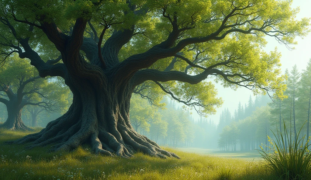  At the edge of the road stands a huge oak tree with broken branches and bark covered with old sores. The oak tree is two girths wide, with clumsy, gnarled arms and fingers, it looks angry and ugly. It stands among the smiling birches that make up the forest. Spring, sun, flowers and grass surround the oak tree, but it remains gloomy, motionless and ugly. Dead firs are visible in the distance., wide shot, from side, atmospheric perspective, perspective, 8k, 4K, highres, best quality, award winning, super detail, masterpiece