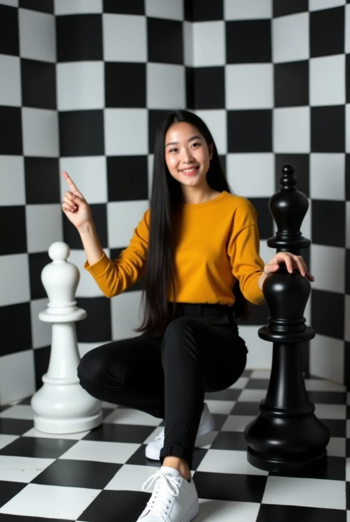 Surreal black-and-white checkered room sets the stage for an Asian woman with long, straight black hair, light skin, and confident smile. Wearing a mustard shirt, black high-waisted pants, and white sneakers, she playfully holds a large black chess piece in one hand and points upwards with the other, interacting with the oversized chess pieces surrounding her. The dynamic use of contrast and optical illusions, incorporating the illustrious lighting and color grading techniques of acclaimed director Wes Anderson, a subtle film grain