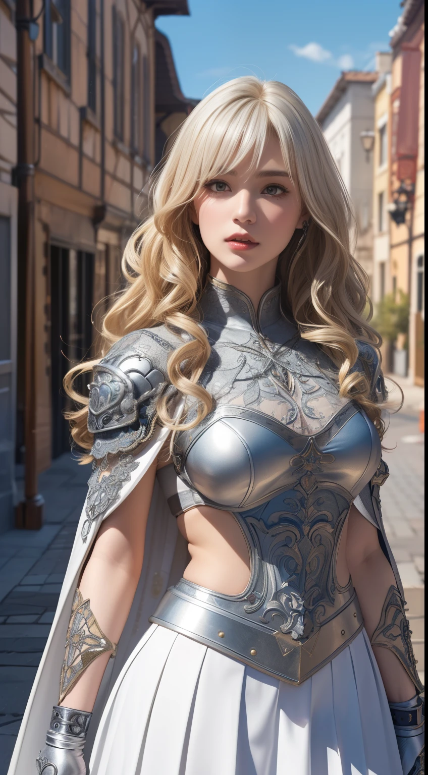 Very beautiful woman、Slender young woman、(Detailed face)、Realistic Skin、((Paladin)), ((Pearl White Armor))、((((Silver armor with extremely detailed and intricate decoration.:1.1))))、((Delicate photo)),(Girl Astepeace RAW Photo Details:1.25), (Highest quality:1.6), (Ultra-high resolution:1.5), (Realistic:1.75), 8k resolution, Canon EOS R5, 50mm, Absurd, Very detailed,Cinema Lighting,((Medieval streetscape))、((Medieval streetscape))、(((White skirt with embellishments)))、Thigh-high socks、Shingard、((blonde))、((Curly Hair))、((Drill Hair))、((Long hair with bangs and wavy hair,))、Get a six pack、Cape、Beautiful Armor、(In combat)、The wind is blowing、((Symmetrical armor))、banner、Shining Armor、(((Medieval streetscape)))、((Browsing Caution:1.1))、Medieval fantasy cityscape background