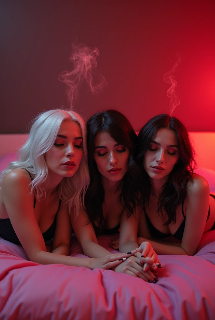 Sexy three girls one white hair one black one brown all wearing dark makeup and different color lingerie . Laying on pink bed at night red lights smoking cigarettes laying on stomachs eyes closed smoke around Smokey eyes