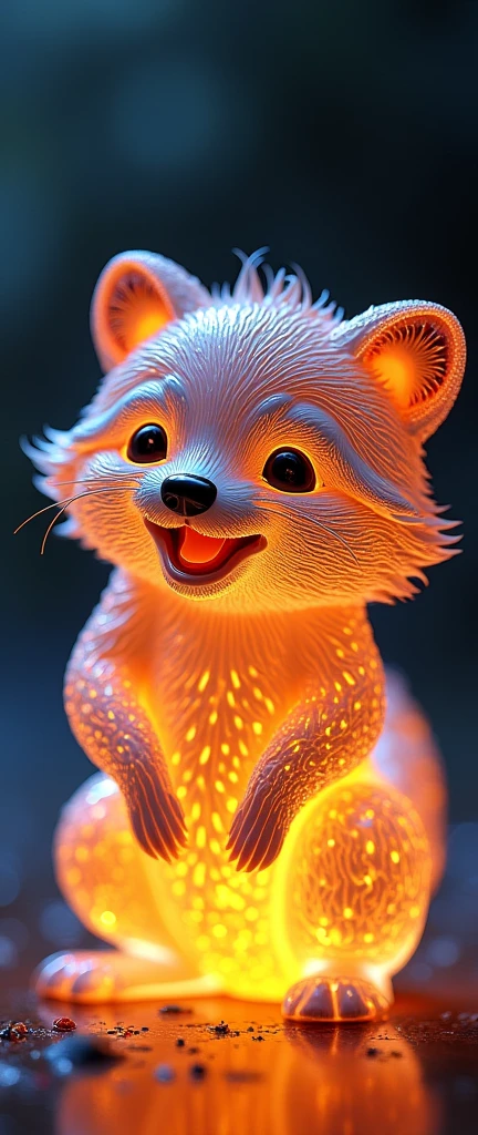 A captivating, photorealistic rendering of a transparent, fluorescent glass sculpture of a cute extra fluffy baby realistic raccoon . The glass emits a warm, golden glow from within, and the raccoon is depicted as if it's growling playfully. The intricate details of the glass surface are highlighted, showcasing reflections and refractions that create a mesmerizing visual effect. The baby raccoon features intricate patterns and textures, catching the light in dazzling ways. The overall composition is vibrant, with bright colors enhancing the sculpture's luminosity, making it appear as if it's radiating light from within. The sharp focus on the crisp edges and contours of the baby raccoon emphasizes its adorable and otherworldly appearance, drawing the viewer's gaze and evoking a sense of wonder.
