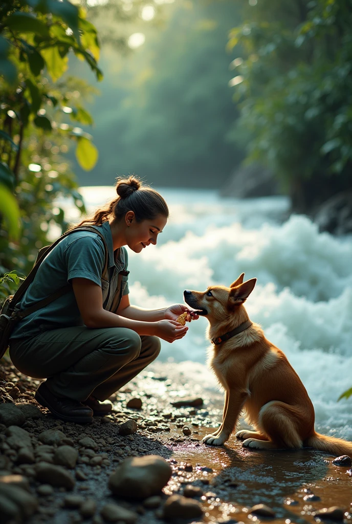 A rescue worker feed biscuits to an Indian stray dog on the banks of a raging jungle river