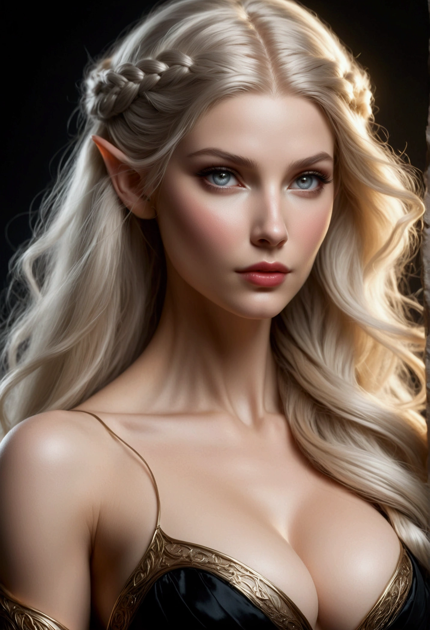 ELVE FEMALE (TOLKIEN) WITH AN HYBRID FACE BETWEEN CLAUDIA SCHIFFER AND GISELE BUNDCHEN , BUST IMAGE STYLE, STUDIO IMAGE STYLE, BLACK INFINITE BACKGROUND, DIFFUSED LIGHTS ON FACE, BACK LIGHTS ON HAIR, LUMINOUS HAIR, CLOSE FACE SHOT, PLATINUM LONG HAIR, HUGE STRAIGHT LONG HAIR, BRAID HAIR STYLE, PLATINUM EYEBROWS, VERY PALE SKIN, LUMINOUS SKIN, FEMALE FAIRY, TOLKIEN MITHOLOGY, EXPOSED TIP EARS, HIGH DETAILED ELVE EARS, HIGH CHEEKBONES, ROSY CHEEKS, EXPRESSIVE LIGHT GRAY EYES, GORGEOUS LIPS, SOFT LIPSTICK, GORGEOUS CURVY BODY, STRONG BODY, SOFT MUSCLES, VOLUMOUS BREASTS, STRAPLESS CLEAVAGE, BLACK VICTORIAN DRESS, ENIGMATIC FACE EXPRESSION, SIDE FACE VIEW, LOOKING UP, TOLKIEN MITHOLOGY, HIGH QUALITY IMAGE, MASTERPIECE, 8K