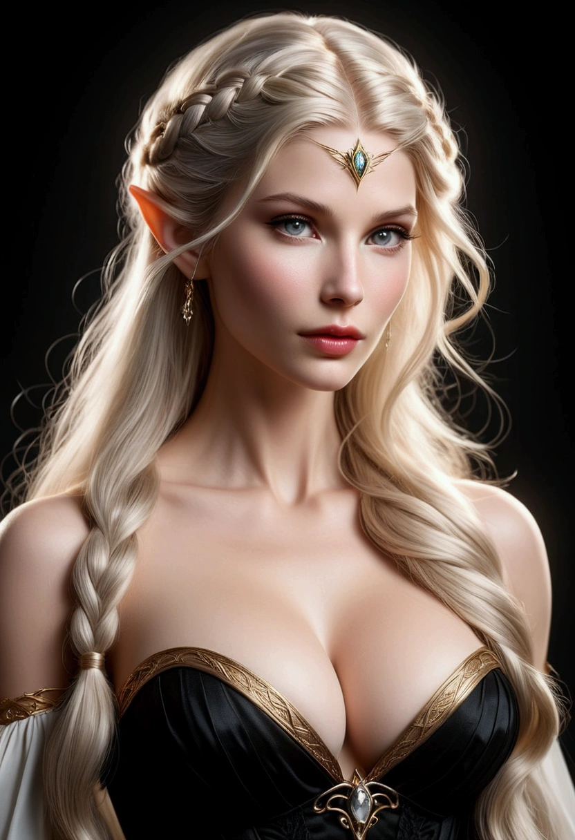 ELVE FEMALE (TOLKIEN) WITH AN HYBRID FACE BETWEEN CLAUDIA SCHIFFER AND GISELE BUNDCHEN , BUST IMAGE STYLE, STUDIO IMAGE STYLE, BLACK INFINITE BACKGROUND, DIFFUSED LIGHTS ON FACE, BACK LIGHTS ON HAIR, LUMINOUS HAIR, CLOSE FACE SHOT, PLATINUM LONG HAIR, HUGE STRAIGHT LONG HAIR, BRAID HAIR STYLE, PLATINUM EYEBROWS, VERY PALE SKIN, LUMINOUS SKIN, FEMALE FAIRY, TOLKIEN MITHOLOGY, EXPOSED TIP EARS, HIGH DETAILED ELVE EARS, HIGH CHEEKBONES, ROSY CHEEKS, EXPRESSIVE LIGHT GRAY EYES, GORGEOUS LIPS, SOFT LIPSTICK, GORGEOUS CURVY BODY, STRONG BODY, SOFT MUSCLES, VOLUMOUS BREASTS, STRAPLESS CLEAVAGE, BLACK VICTORIAN DRESS, ENIGMATIC FACE EXPRESSION, SIDE FACE VIEW,  LOOKING UP, TOLKIEN MITHOLOGY, HIGH QUALITY IMAGE, MASTERPIECE, 8K