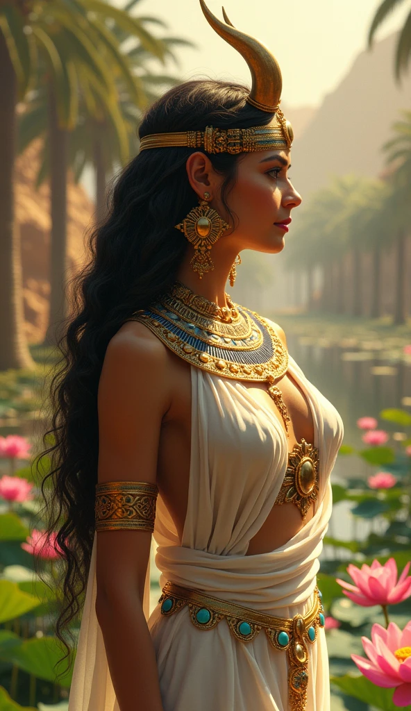 A hyper-realistic portrayal of Hathor, the ancient Egyptian goddess of beauty, love, and joy. She stands gracefully, her figure embodying divine femininity, with a slender yet voluptuous form. her breasts are large and firm.  Her skin is a rich, warm bronze, glowing with a subtle, ethereal light. Hathor's face is serene and captivating, with large almond-shaped eyes that are deep brown and filled with compassion. Her lips are full and slightly curved in a gentle, knowing smile. She wears an elaborate headdress featuring a sun disk encircled by cow horns, symbolizing her role as a sky goddess and mother figure. Her long, dark hair flows freely down her back, adorned with intricate gold and turquoise beads. Hathor is dressed in a flowing, sheer white gown, delicately embroidered with gold threads that catch the light, emphasizing her divine status. Around her neck, she wears a broad collar of turquoise, lapis lazuli, and gold, shimmering with each movement. The background is a lush, vibrant landscape of the Nile, with palm trees and lotuses in bloom, symbolizing fertility and life. The entire scene exudes a sense of harmony, joy, and the nurturing presence of Hathor."

