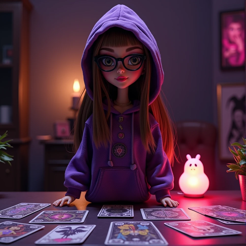 booty lady doll bratz in Big Bling Velour Hoodie ,  without bangs in round glasses with brown hair,  in front of her on the a lot of tarot card table. There is a dark atmosphere around. There is a pink night light on the table that makes the room pink